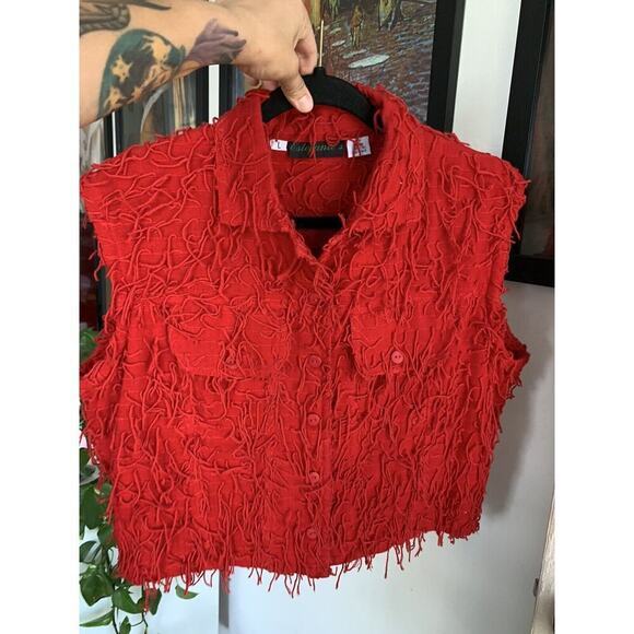 Estefanie's Collection Large Short Sleeved‎ Button-up Shirt Vest Red String - Picture 4 of 7